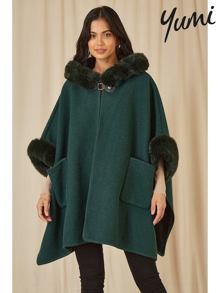 Yumi Green Cape With Luxe Faux Fur Trim And Lining Poncho (AN6170) | 371 QAR