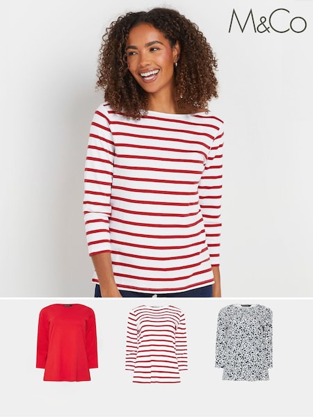 M&Co Red/Navy Blue Floral Print and Stripe Slash Neck 100% Cotton Tops 3 Pack (AN6181) | €58