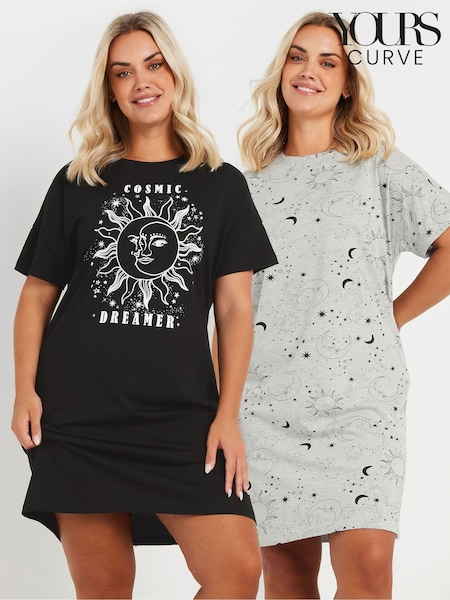 Yours Curve Black Cosmic Dreamer Sleep T-Shirt 2 Pack (AN6182) | €36