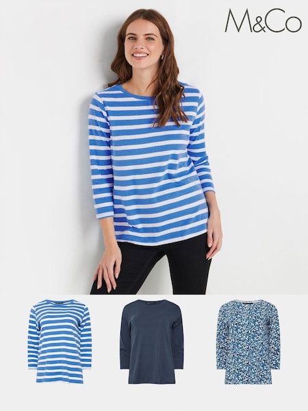 M&Co Blue Stripe & Animal Print Crew Neck Tops 3 Pack (AN6186) | 2,644 UAH