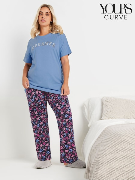 Yours Curve Blue Floral Print Wide Leg 100% Cotton Pyjamas Pants (AN6207) | R$ 195