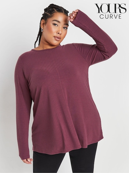 Yours Curve Purple Long Sleeve Ribbed Swing T-Shirt (AN6226) | 109 QAR