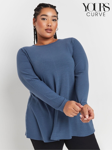 Yours Curve Blue Long Sleeve Ribbed Swing T-Shirt (AN6227) | 109 QAR