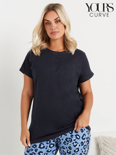 Yours Curve Blue Placket Short Sleeve 100% Cotton Pyjama Top (AN6242) | 89 QAR