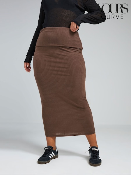 Yours Curve Limited Ribbed Fold Over Chocolate Skirt (AN6278) | ‏136‏₪