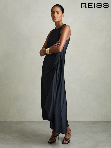 Reiss Navy Anessa Petite Satin Shirred Midi Dress (AN6306) | 1,250 QAR
