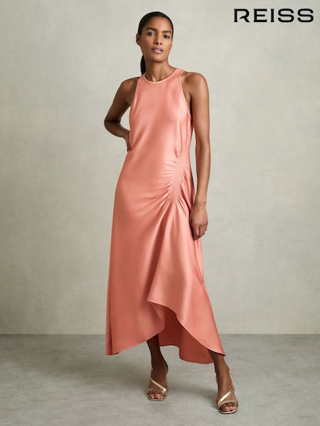 Reiss Coral Anessa Petite Satin Shirred Midi Dress (AN6312) | AED1,224