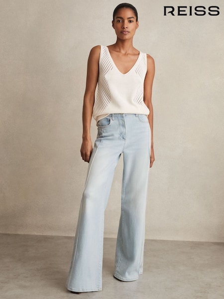 Reiss Light Blue Heather Stretch-Cotton Wide-Leg Jeans (AN6313) | €256