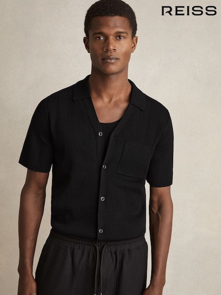 Reiss Black Fallon V-Neck Collar Textured Knit Shirt (AN6326) | €189