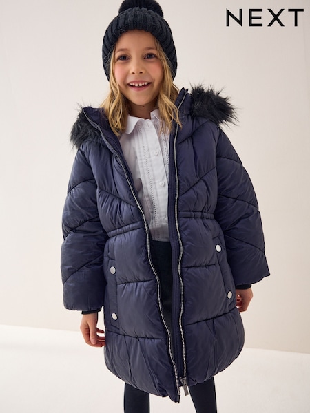 Navy Shower Resistant Faux Fur Trim Padded Coat (3-16yrs) (AN6402) | AED183 - AED234