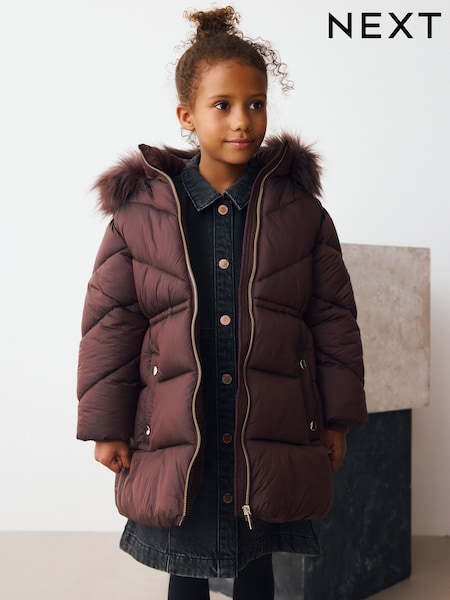 Chocolate Brown Shower Resistant Faux Fur Trim Padded Coat (3-16yrs) (AN6404) | €54 - €69