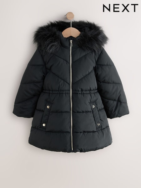 Black Shower Resistant Faux Fur Trim Padded Coat (3-16yrs) (AN6407) | AED183 - AED234