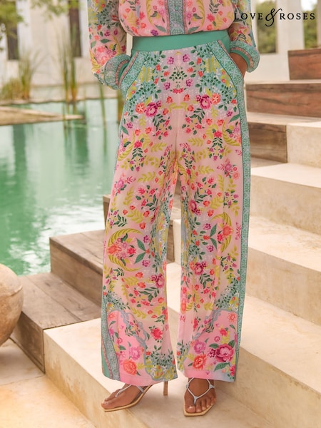 Love & Roses Pink Wide Leg Printed Trousers (AN6452) | DKK465