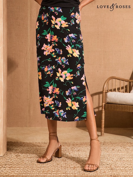 Negru cu flori - Love & Roses Midi Sara Skirt (AN6459) | 290 LEI