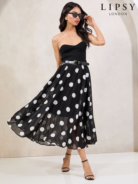 Lipsy Black & White Polka Dot Chiffon Midi Skirt (AN6499) | 208 QAR