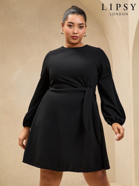 Lipsy Black Curve Long Sleeve Tie Side Mini Dress (AN6667) | ₪211