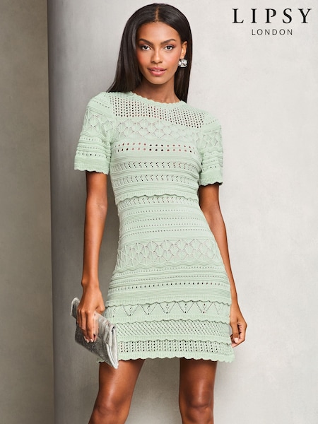Lipsy Green Crochet Fit and Flare Short Sleeve Summer Mini Dress (AN6677) | €77