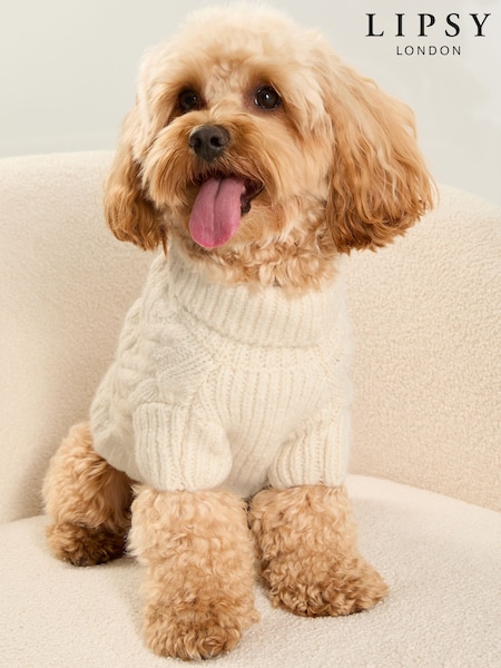 Lipsy Cream Super Soft Cable Design Dog Jumper with Wool (AN6736) | €9