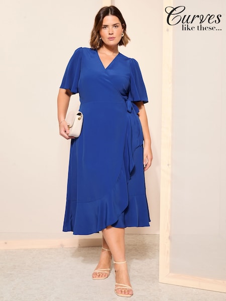 Curves Like These Blue Chiffon Mix Flutter Sleeve Wrap Midi Dress (AN6768) | €53