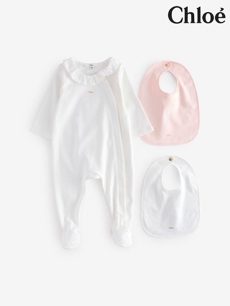 Chloé Baby Logo White Sleepsuit and Bibs Set With Giftbox (AN6771) | AED1,165