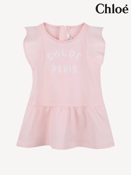 Chloé Baby Pink Paris Logo Short Sleeve Dress With Frill Sleeves (AN6772) | AED728