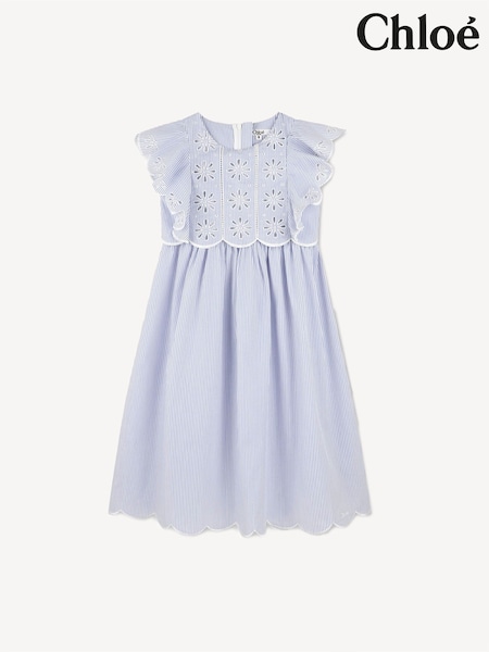 Chloé Blue Pinstripe Summer Dress With Scalloping and Broderie Detail (AN6773) | AED1,893