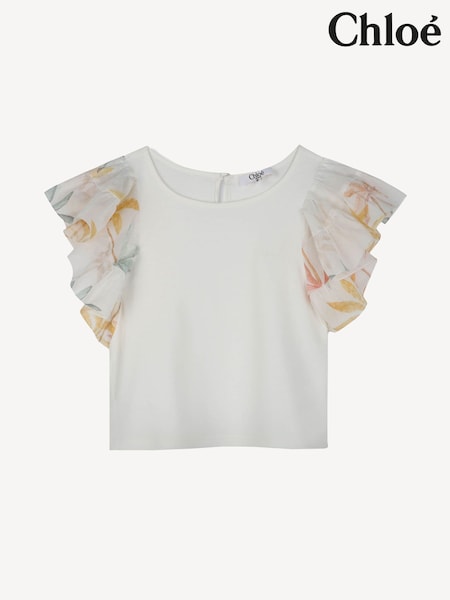 Chloé Cream Logo Short Sleeve T-Shirt With Printed Frill Sleeve Detail (AN6786) | AED728