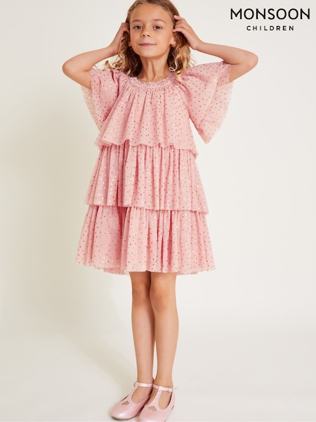 Monsoon Pink Metallic Star Tiered Mesh Dress (AN6866) | AED128 - AED145