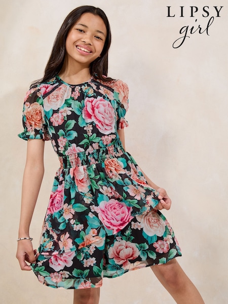 Lipsy Black Floral Puff Sleeve Dress (5-16yrs) (AN6888) | ₪191 - ₪231