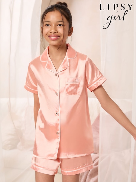 Lipsy Peach Pink Satin Pyjamas (3-16yrs) (AN6919) | ₪96 - ₪136