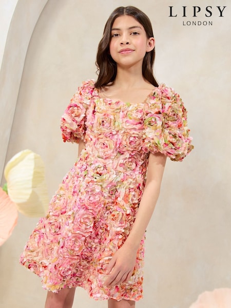Lipsy Pink Premium Textured 3D Floral Short Sleeve Skater Mini Dress (5-16yrs) (AN6921) | ₪402 - ₪443