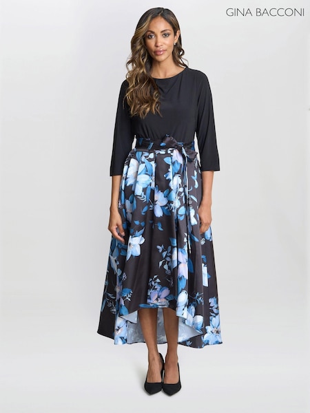 Gina Bacconi Louise Printed High/Low Midi Black Dress (AN6937) | €165