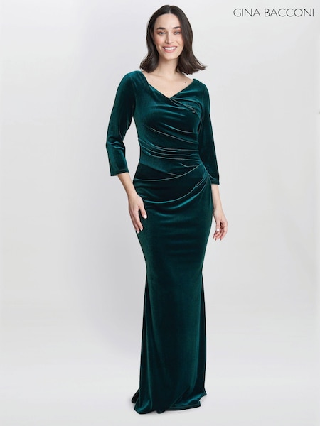 Gina Bacconi Green Sophie Velvet Maxi Dress With 3/4 Sleeve (AN6938) | AED1,572