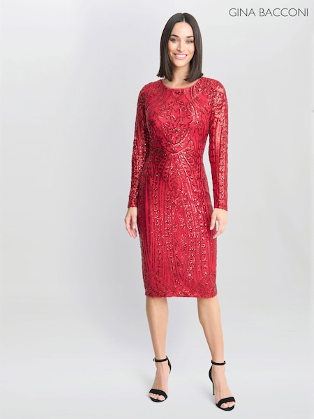 Gina Bacconi Red Angelique Sequin Midi Dress (AN6939) | 1,668 LEI