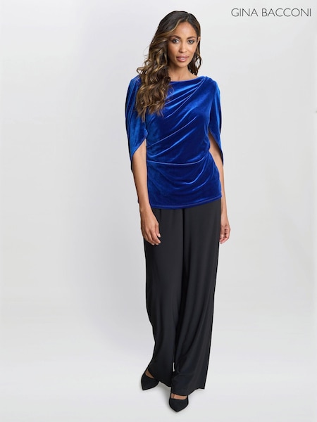 Gina Bacconi Blue Merna Draped Velvet Top (AN6947) | ₪498