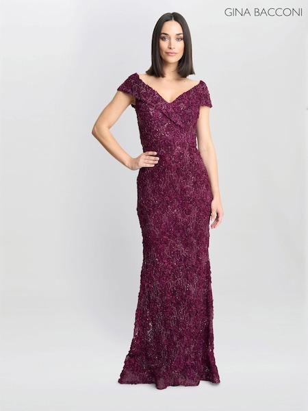 Gina Bacconi Red Brigette Off The Shoulder Lace Maxi Dress (AN6965) | ‏1,310 د.إ.‏