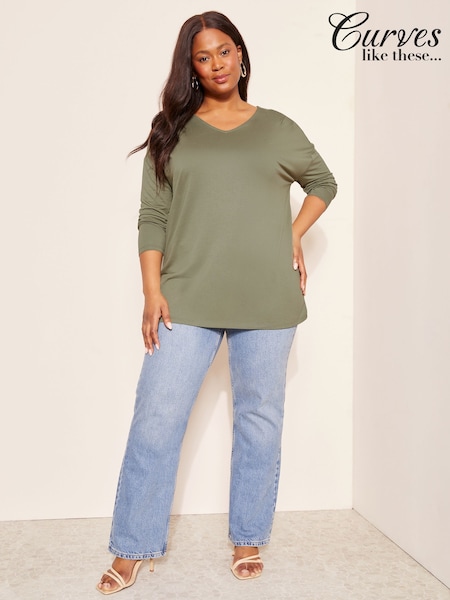 Curves Like These Green Soft Jersey V-Neck Long Sleeve Tunic Top (AN7023) | €38