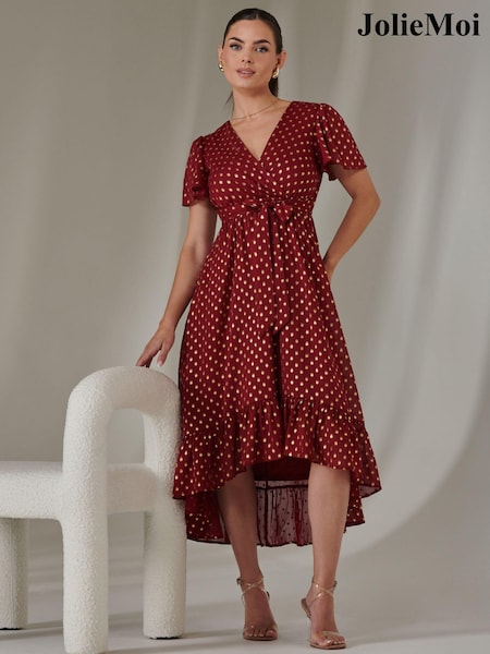 Jolie Moi Red Petite Metallic Spot Textured Chiffon Maxi Dress (AN7025) | ₪382