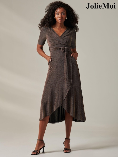 Jolie Moi Charcoal Black Metallic Tie Waist Wrapped Maxi Dress (AN7118) | ₪397