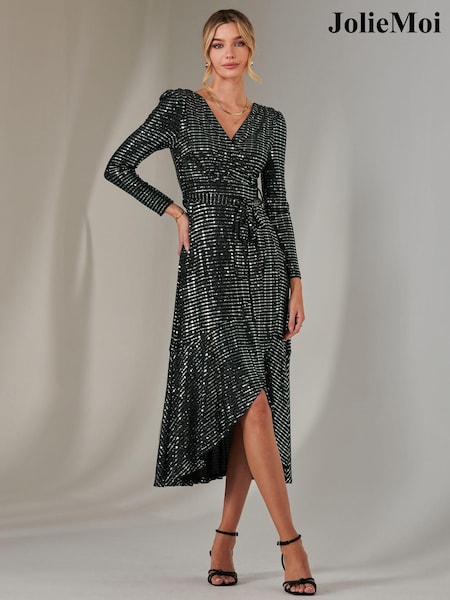 Jolie Moi Light green Long Sleeve Metallic Spot Maxi Dress (AN7121) | 371 QAR