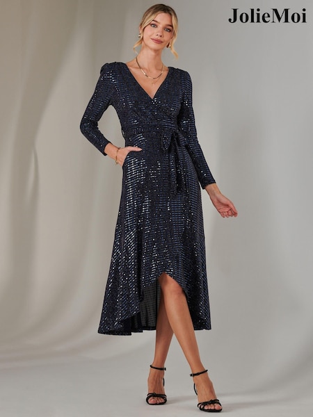 Jolie Moi Blue Long Sleeve Metallic Spot Maxi Dress (AN7122) | $129