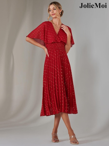 Jolie Moi Red Metallic Spot Chiffon Pleated Dress (AN7123) | €99