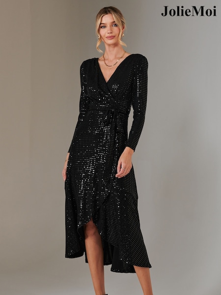 Jolie Moi Black Long Sleeve Metallic Spot Maxi Dress (AN7124) | ₪377