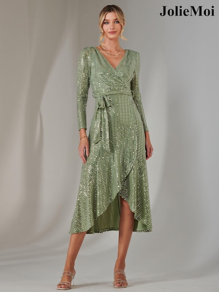 Jolie Moi Green Long Sleeve Metallic Spot Maxi Dress (AN7125) | ₪377