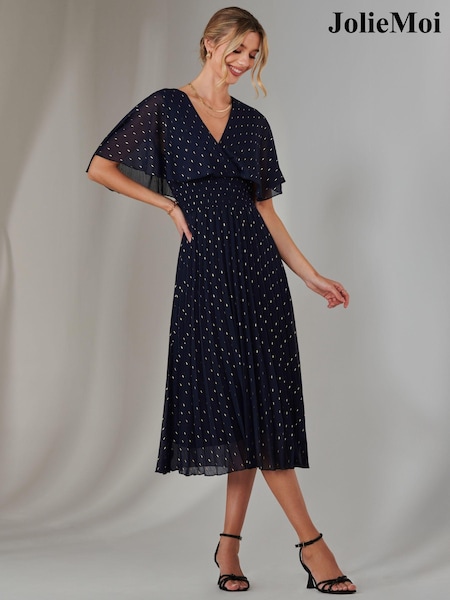 Jolie Moi Blue Metallic Spot Chiffon Pleated Dress (AN7126) | ₪377