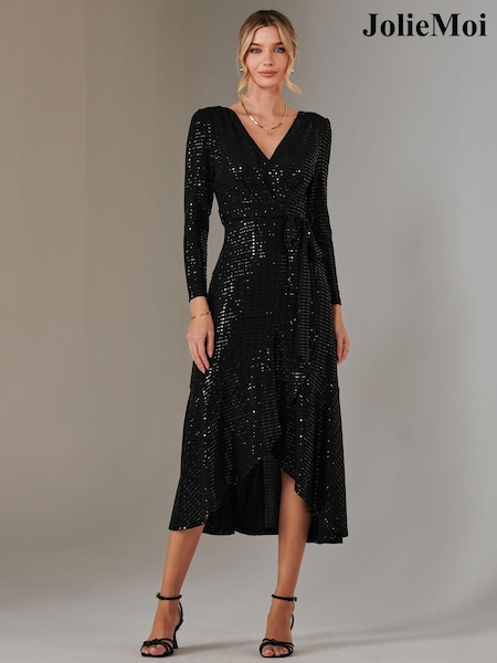Jolie Moi Charcoal Black Long Sleeve Metallic Spot Maxi Dress (AN7130) | $129