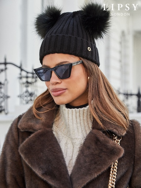 Lipsy Black Cosy Ribbed Double Pom Beanie Hat (AN7156) | €18