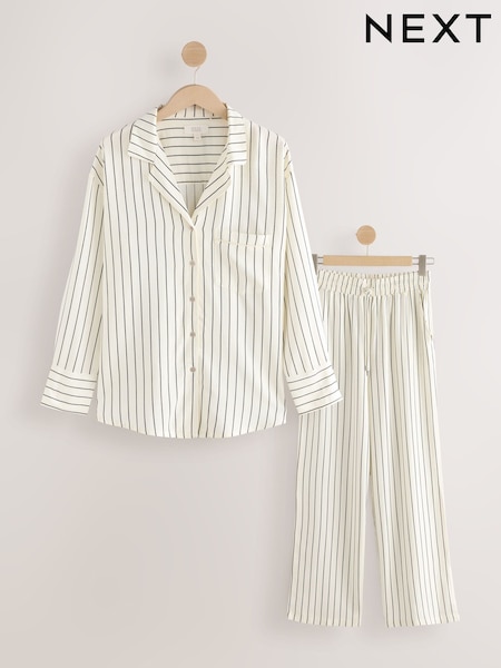 أسود/أبيض مقلم - Linen Blend Button Through Pyjamas (AN7172) | ‏207 ر.ق.