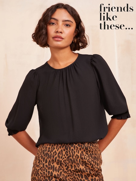 Friends Like These Black 3/4 Sleeve Shirred Cuff Blouse (AN7403) | ₪151
