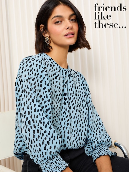 Friends Like These Blue Print 3/4 Sleeve Shirred Cuff Blouse (AN7404) | ₪161